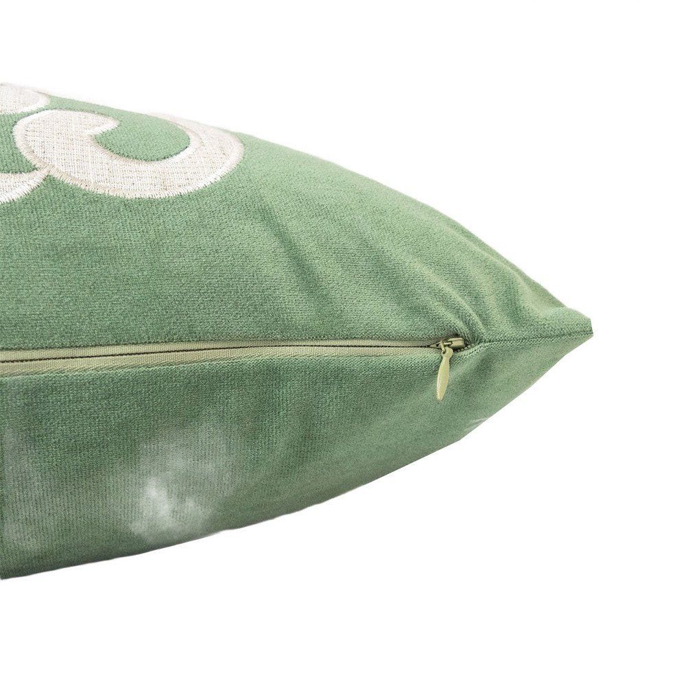 Benjara Dery Throw Pillow, Vintage Vine Accented Green Velvet, 20 Inch Square