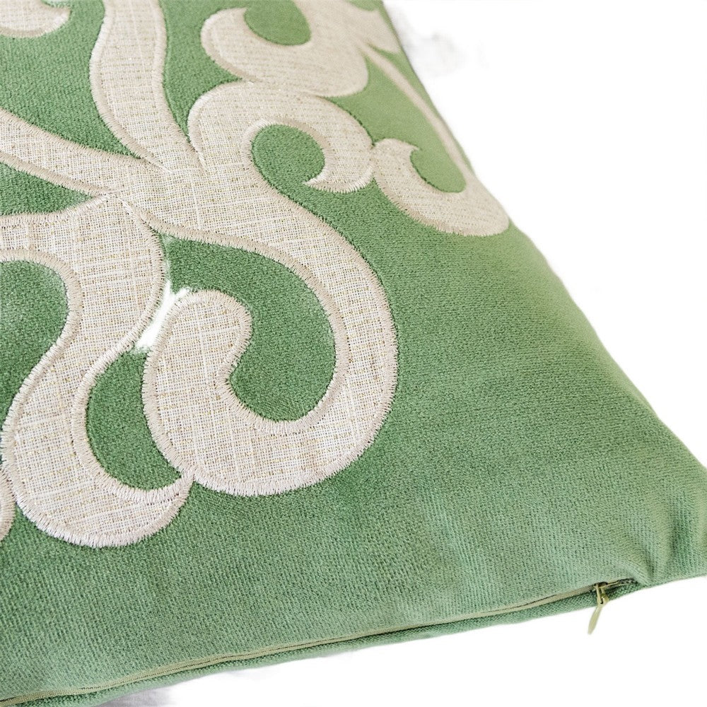 Benjara Dery Throw Pillow, Vintage Vine Accented Green Velvet, 20 Inch Square