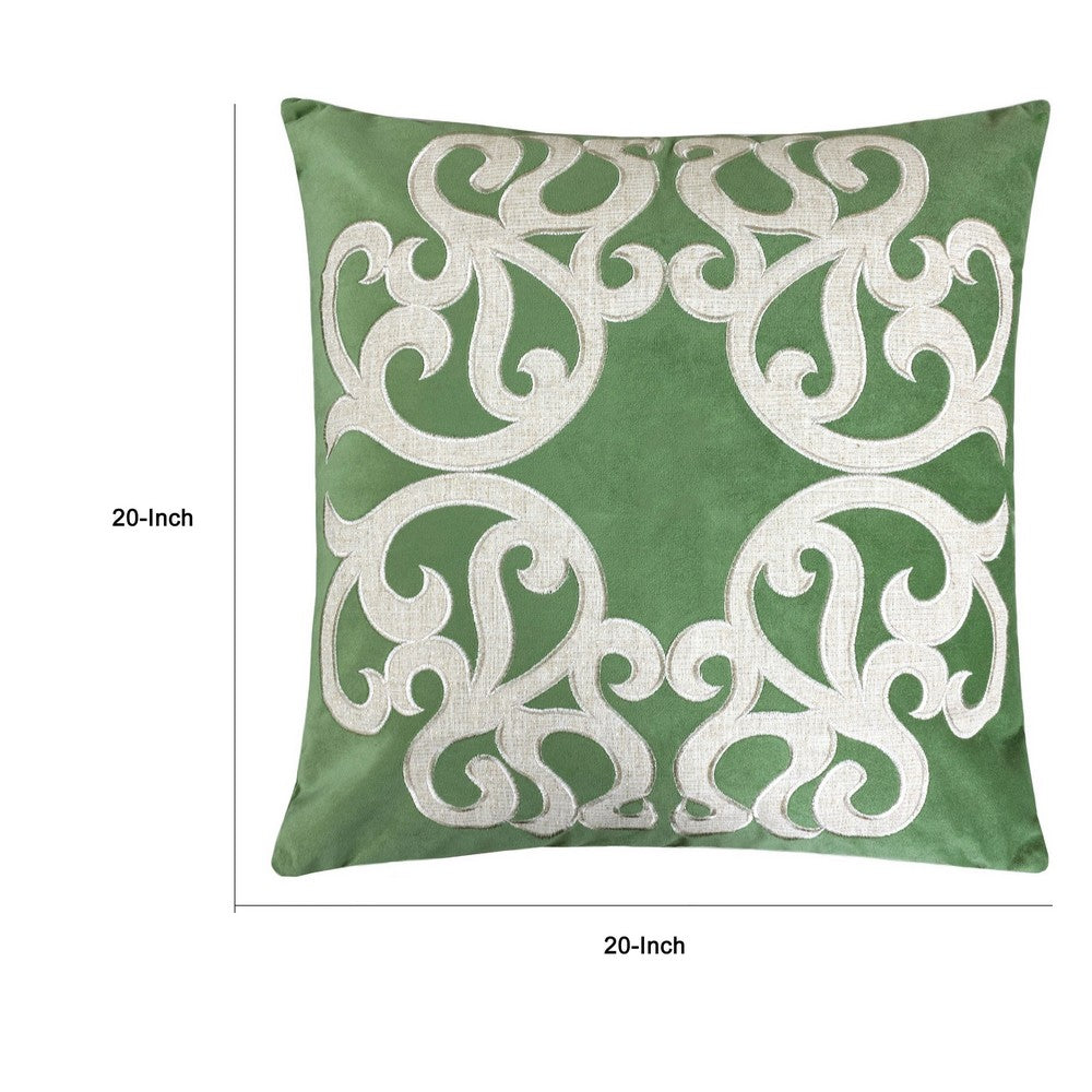 Benjara Dery Throw Pillow, Vintage Vine Accented Green Velvet, 20 Inch Square