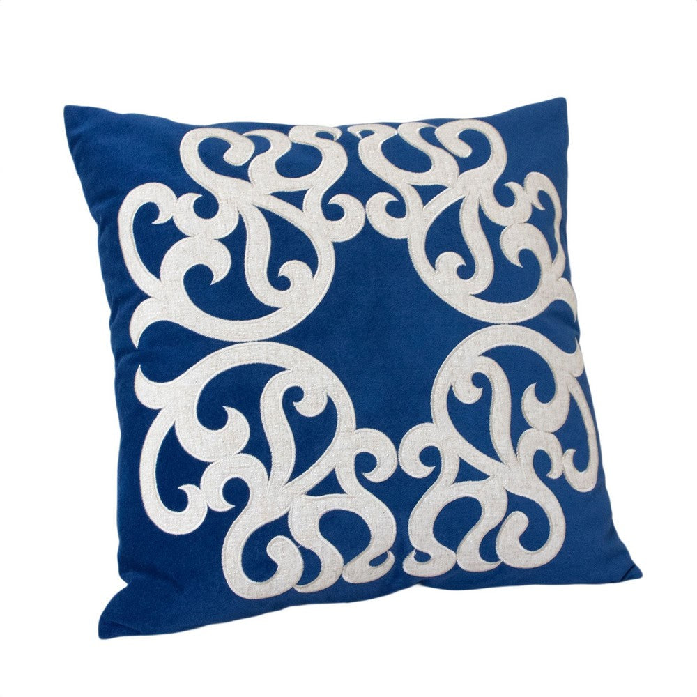Benjara Dery Throw Pillow, Vintage Vine Accented Indigo Velvet, 20 Inch Square