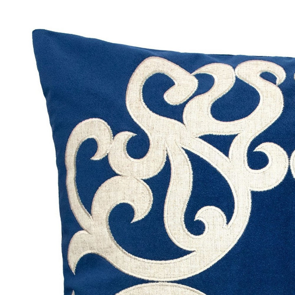 Benjara Dery Throw Pillow, Vintage Vine Accented Indigo Velvet, 20 Inch Square