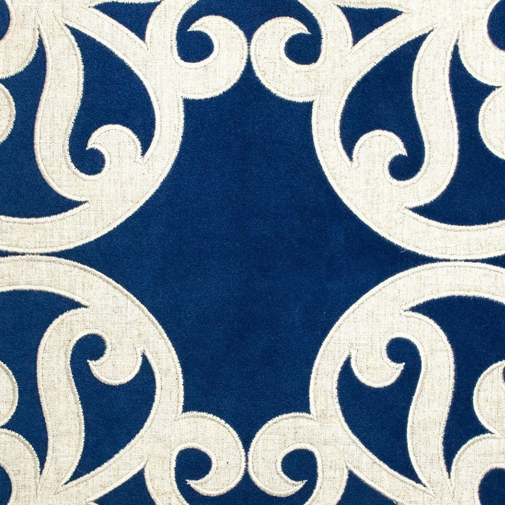 Benjara Dery Throw Pillow, Vintage Vine Accented Indigo Velvet, 20 Inch Square