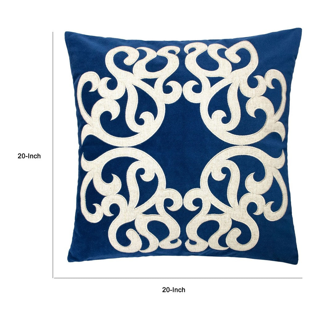 Benjara Dery Throw Pillow, Vintage Vine Accented Indigo Velvet, 20 Inch Square