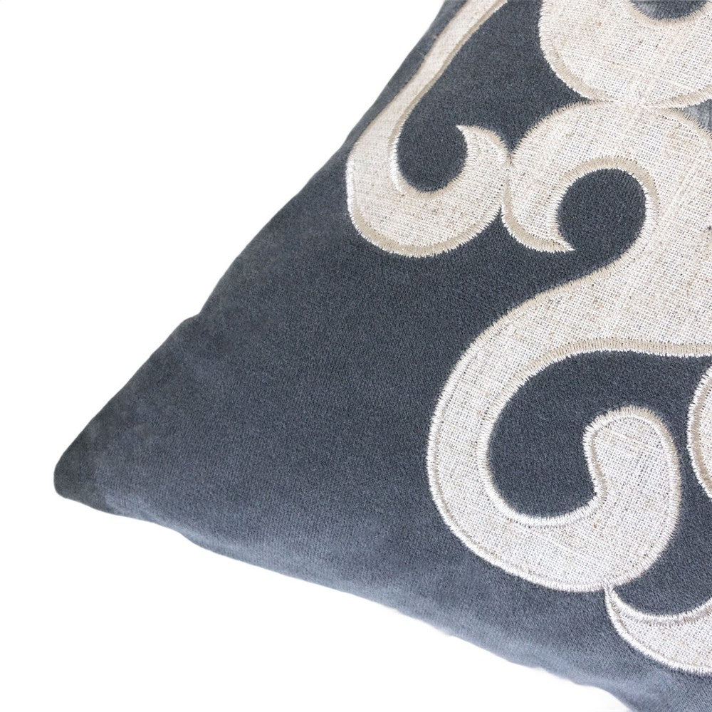 Benjara Dery Throw Pillow, Vintage Vine Accented Gray Velvet, 20 Inch Square