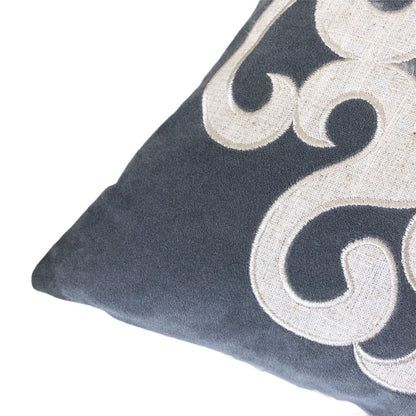 Benjara Dery Throw Pillow, Vintage Vine Accented Gray Velvet, 20 Inch Square