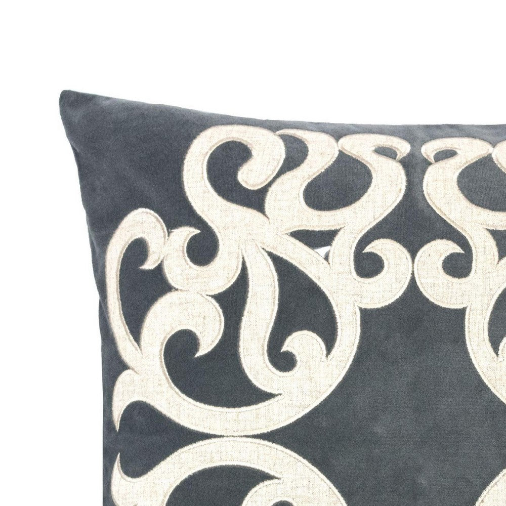 Benjara Dery Throw Pillow, Vintage Vine Accented Gray Velvet, 20 Inch Square