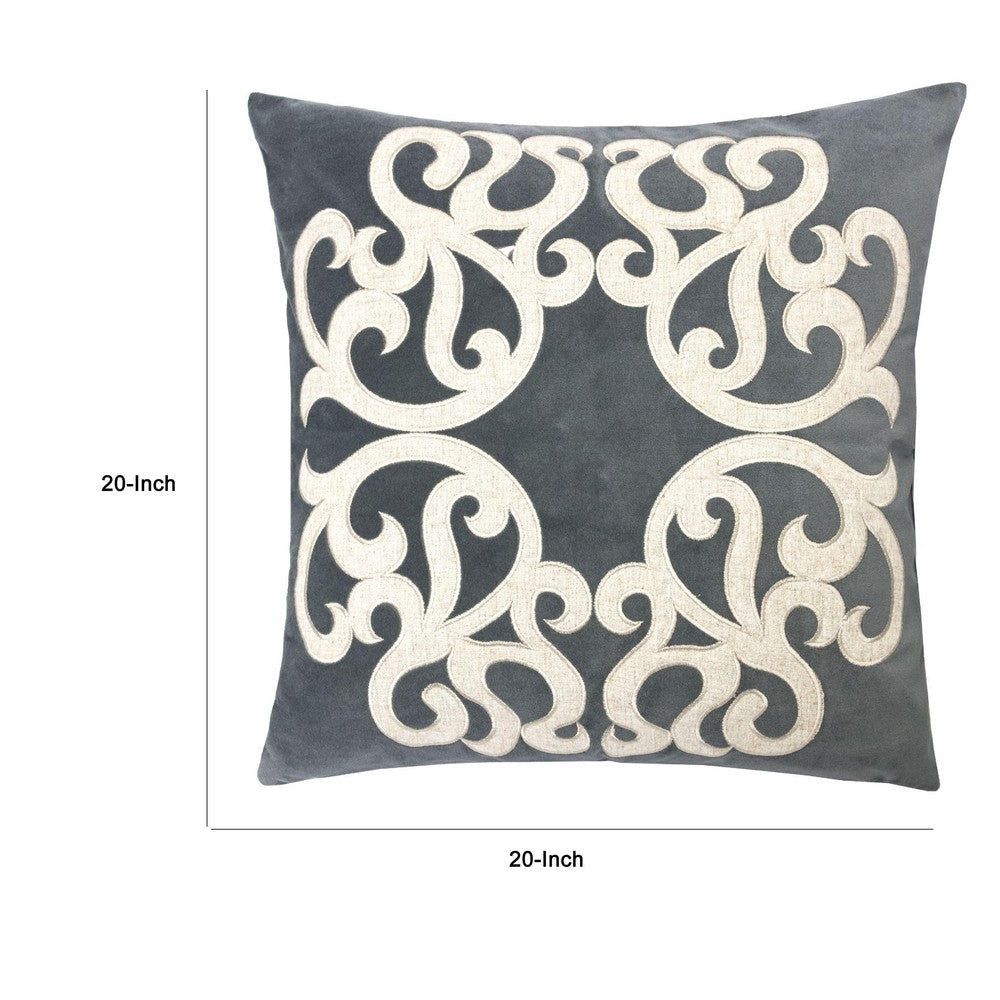 Benjara Dery Throw Pillow, Vintage Vine Accented Gray Velvet, 20 Inch Square