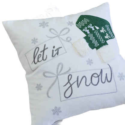 Benjara Christmas Throw Pillow, Let It Snow Green Knit Hat Design, 20 Inch Square