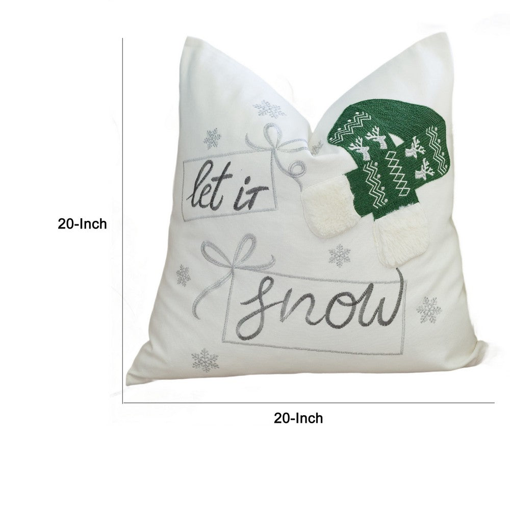Benjara Christmas Throw Pillow, Let It Snow Green Knit Hat Design, 20 Inch Square