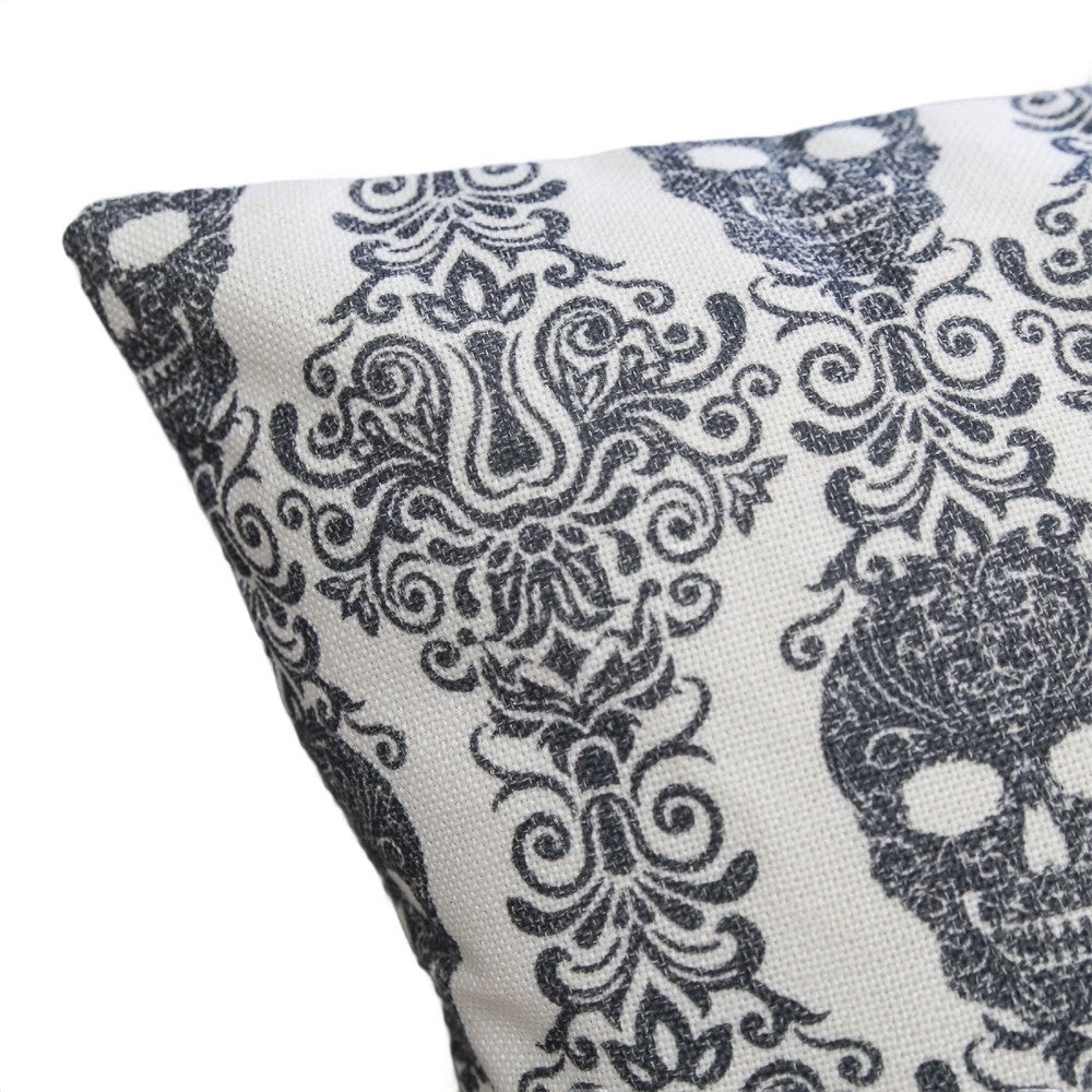 Benjara Ary Square Throw Pillow, Black And White Gothic Damask Skull Design, 20 Inch