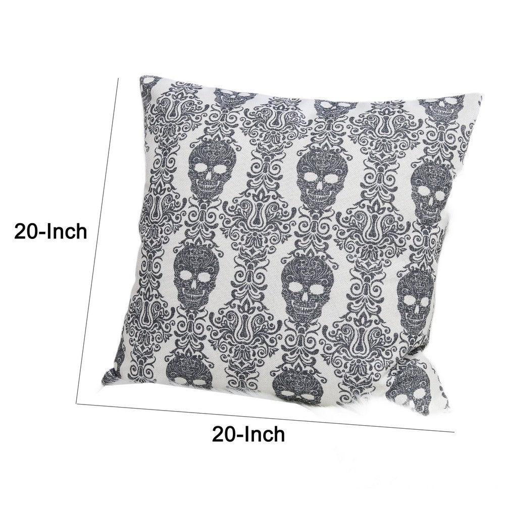 Benjara Ary Square Throw Pillow, Black And White Gothic Damask Skull Design, 20 Inch