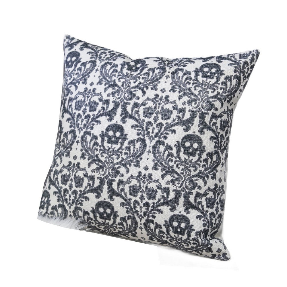 Benjara Ary Throw Pillow, Black And White Baroque Skull Design, 20 Inch Square