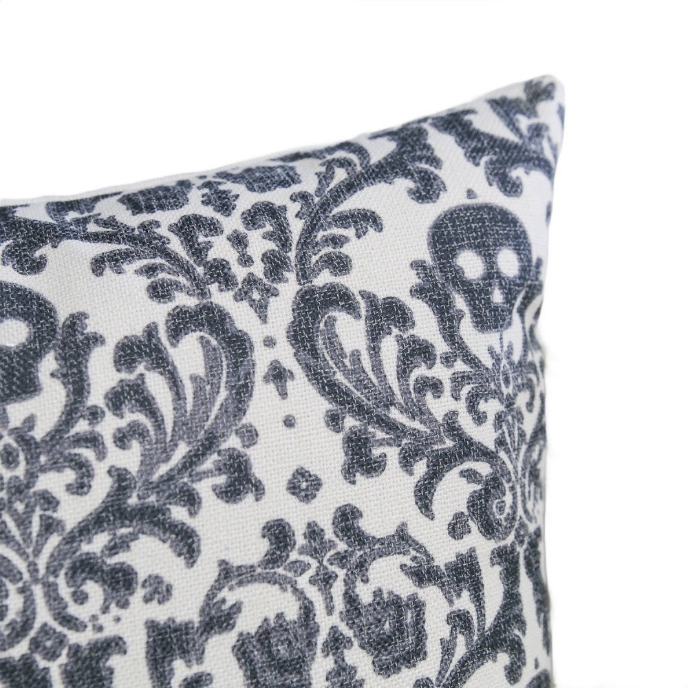 Benjara Ary Throw Pillow, Black And White Baroque Skull Design, 20 Inch Square