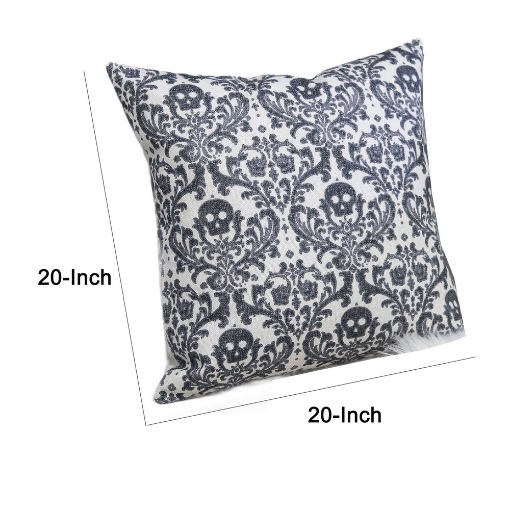 Benjara Ary Throw Pillow, Black And White Baroque Skull Design, 20 Inch Square