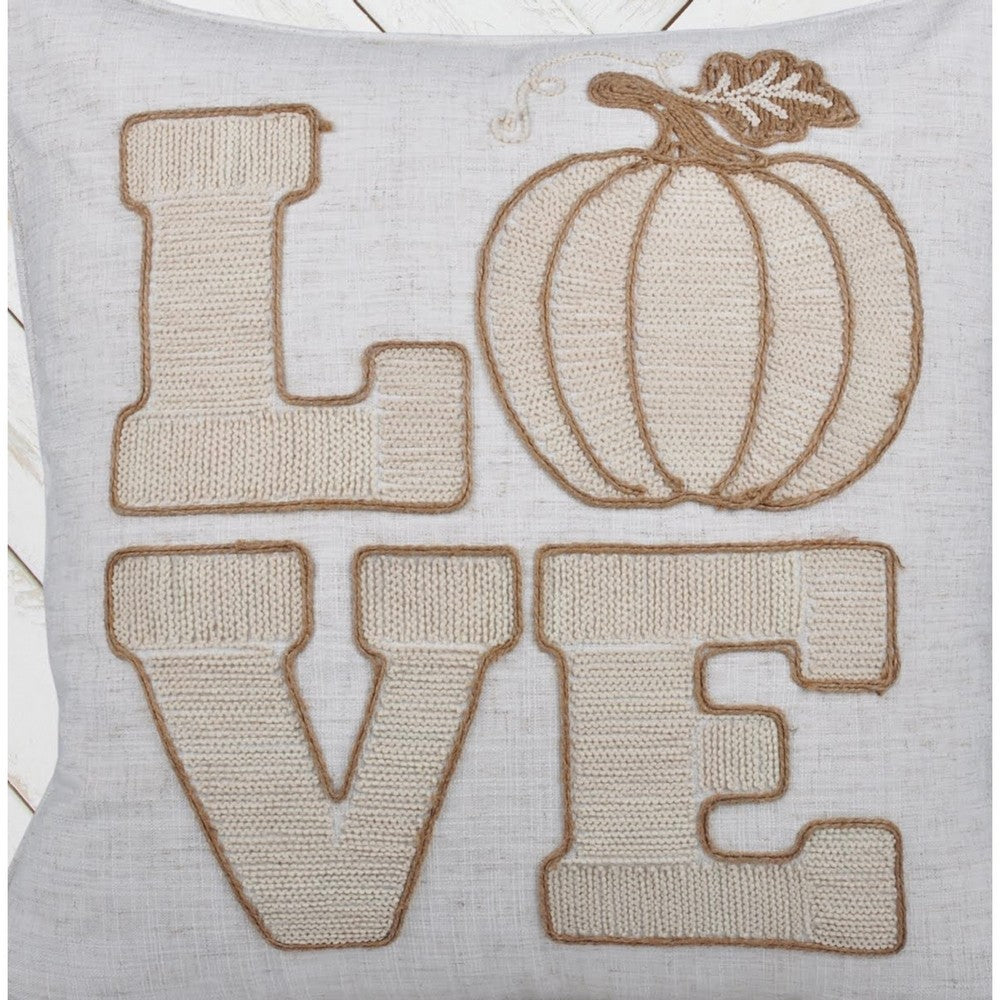 Benjara Decorative Throw Pillow, Love Pumpkin Beige Linen Embroidery, 20 Inch Square