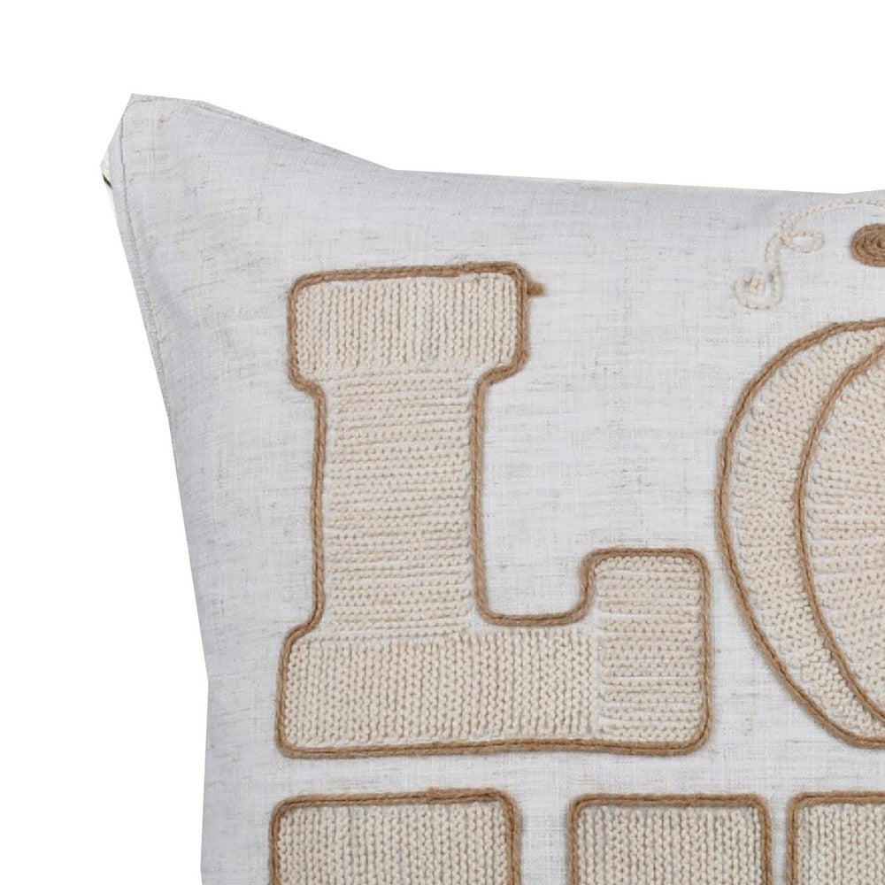 Benjara Decorative Throw Pillow, Love Pumpkin Beige Linen Embroidery, 20 Inch Square