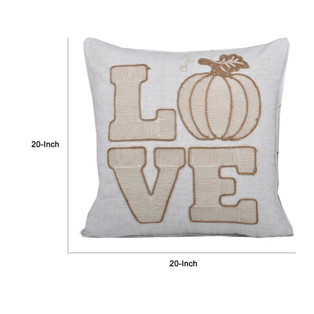 Benjara Decorative Throw Pillow, Love Pumpkin Beige Linen Embroidery, 20 Inch Square