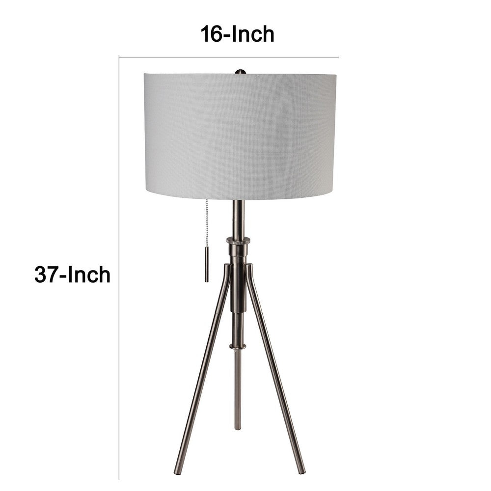 Benjara Simi Table Lamp, Adjustable Tripod, White Linen Shade, Nickel Metal