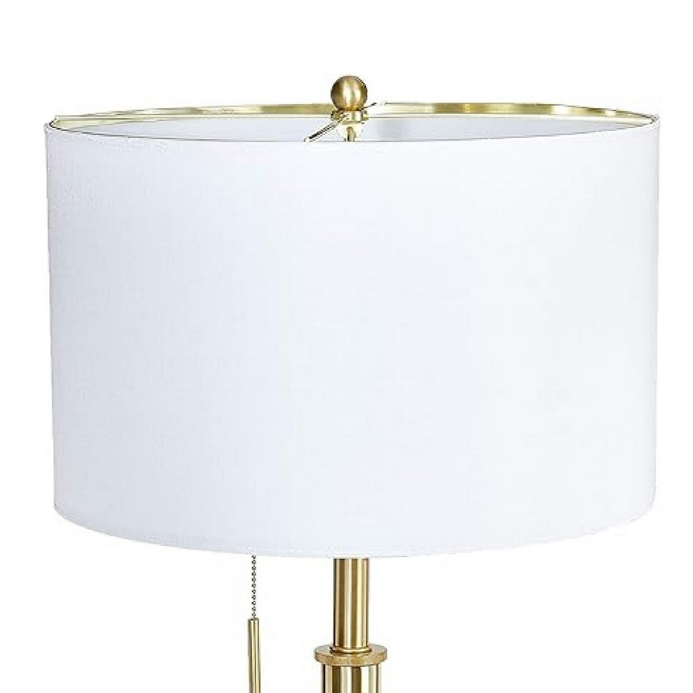 Benjara Simi Table Lamp, Adjustable Tripod, White Linen Shade, Gold Metal