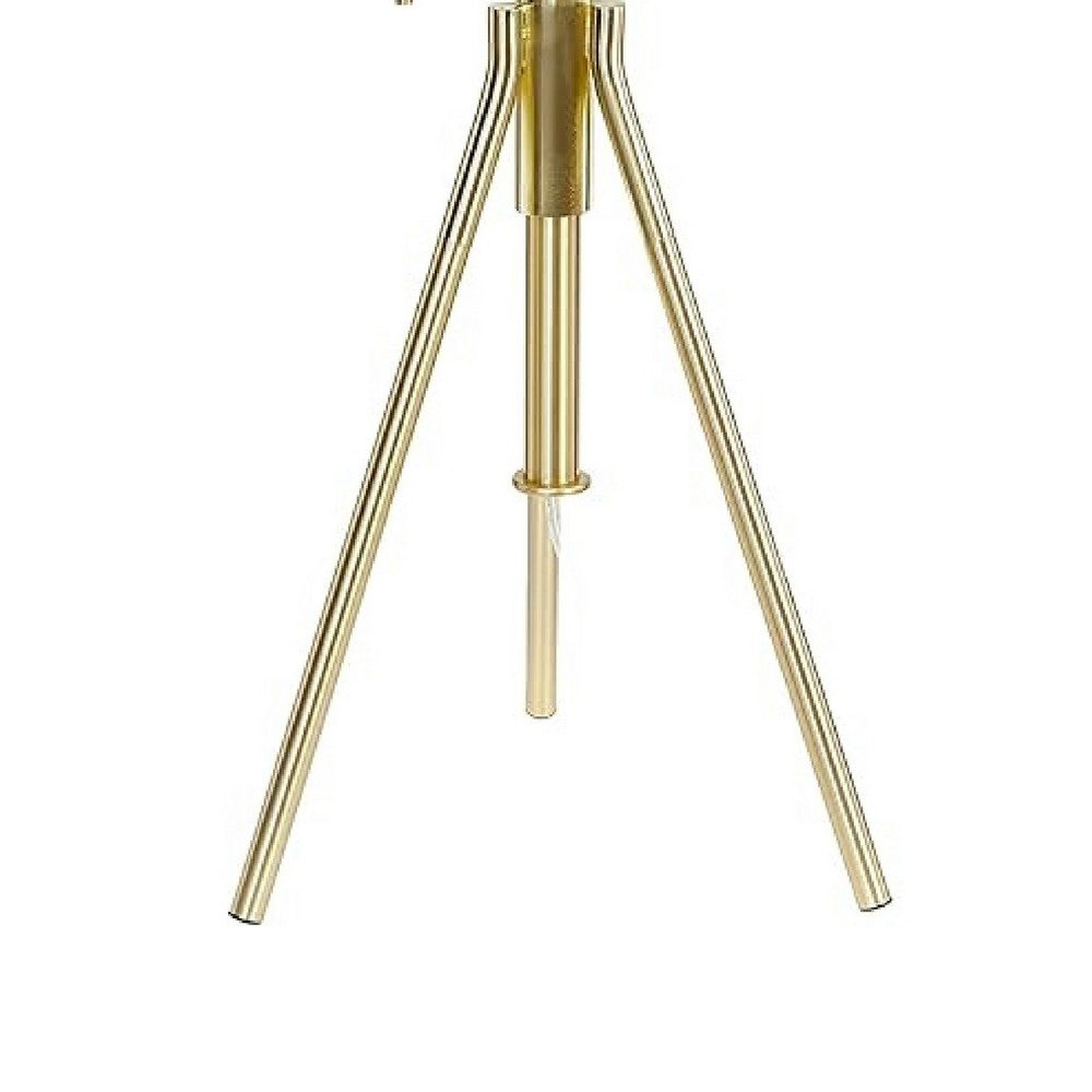 Benjara Simi Table Lamp, Adjustable Tripod, White Linen Shade, Gold Metal