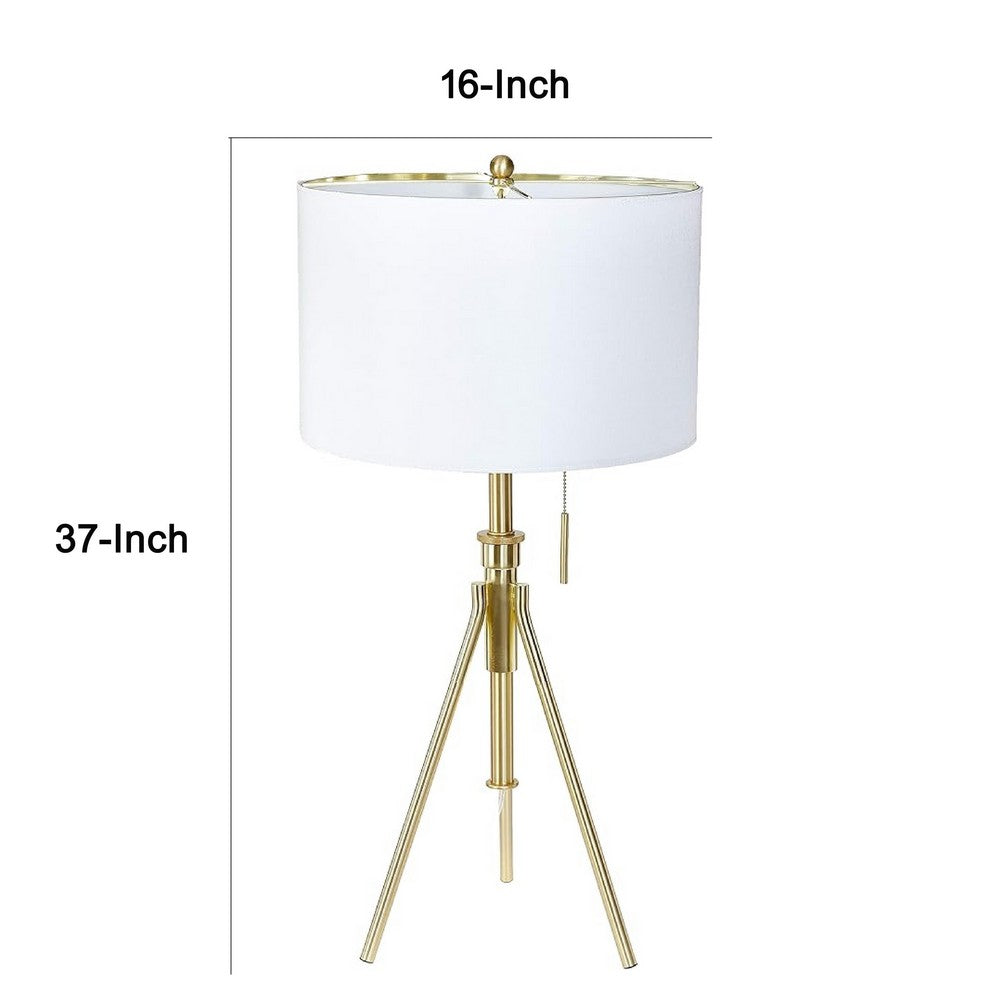 Benjara Simi Table Lamp, Adjustable Tripod, White Linen Shade, Gold Metal