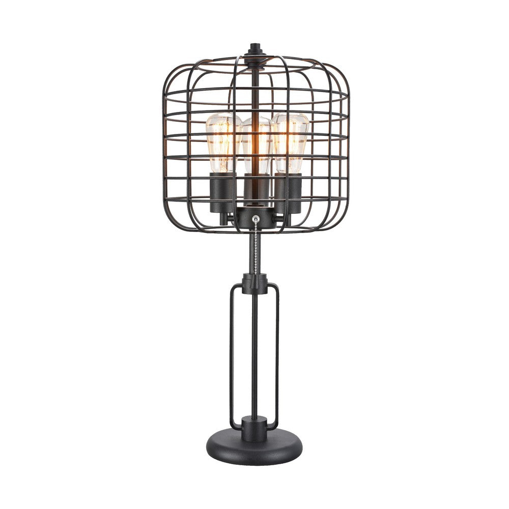 Benjara Emon 3 Bulb Table Lamp w USB, Black Metal Industrial Cage Shade