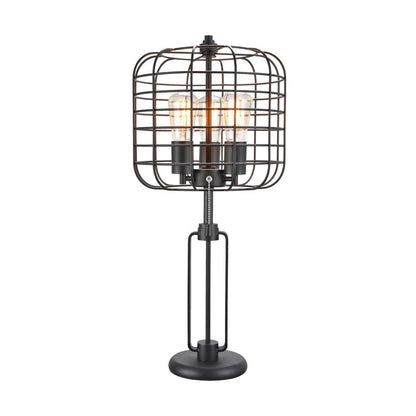 Benjara Emon 3 Bulb Table Lamp w USB, Black Metal Industrial Cage Shade
