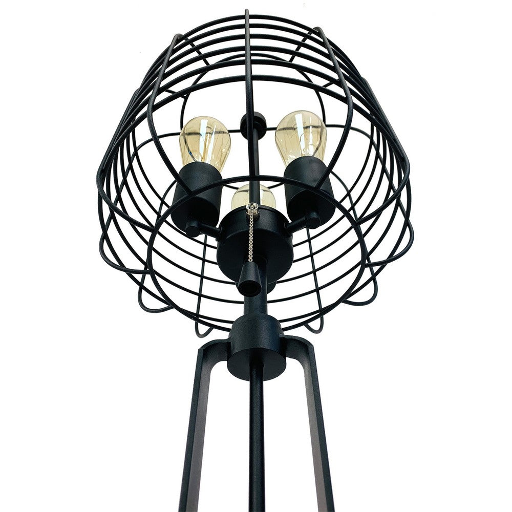 Benjara Emon 3 Bulb Table Lamp w USB, Black Metal Industrial Cage Shade