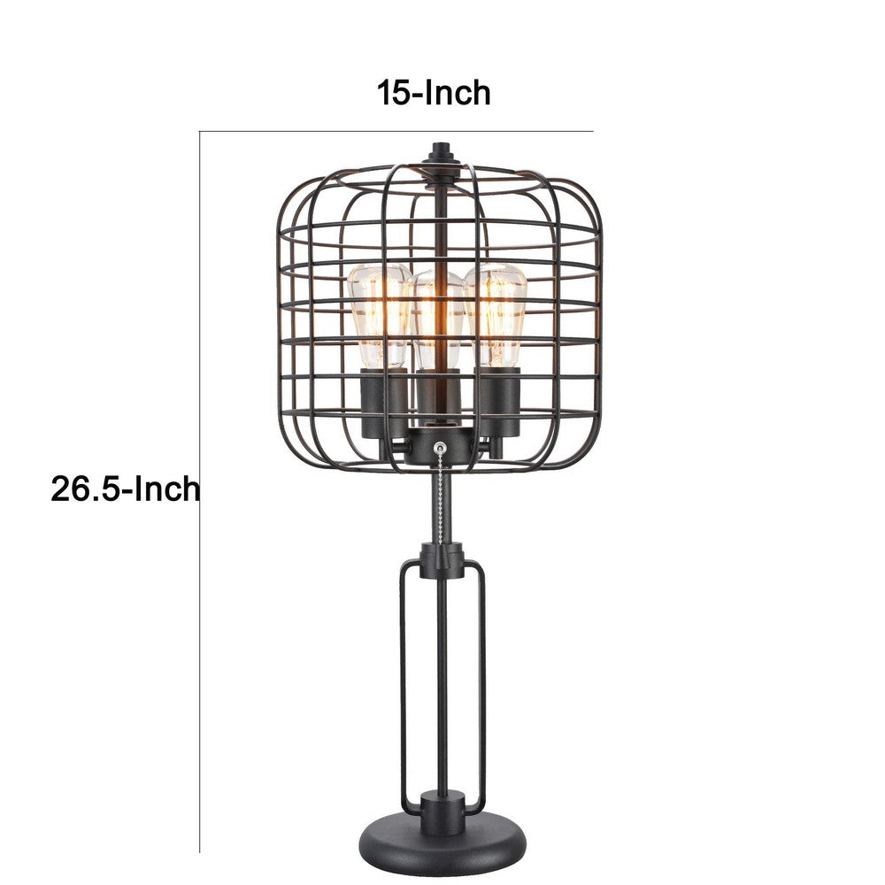 Benjara Emon 3 Bulb Table Lamp w USB, Black Metal Industrial Cage Shade
