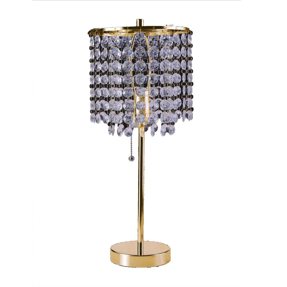Benjara Table Lamp, Hanging Crystal Bead Shade, Pull String Switch, Gold Metal