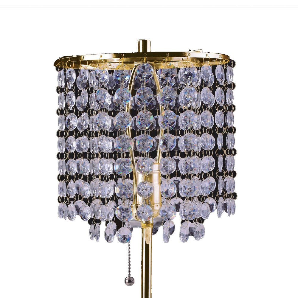 Benjara Table Lamp, Hanging Crystal Bead Shade, Pull String Switch, Gold Metal