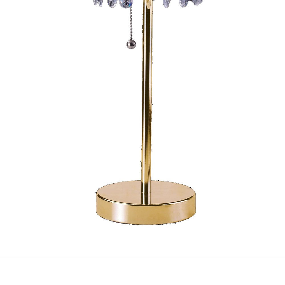 Benjara Table Lamp, Hanging Crystal Bead Shade, Pull String Switch, Gold Metal