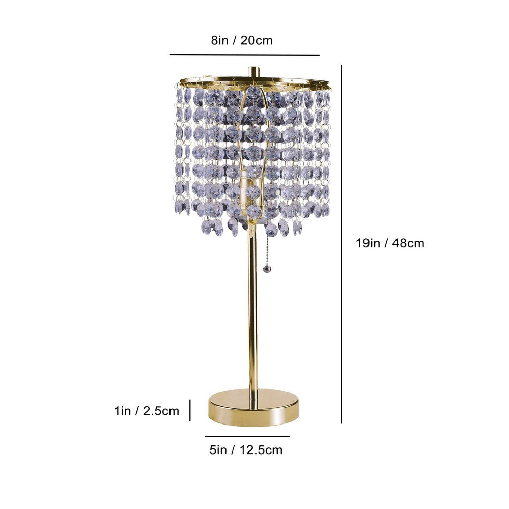 Benjara Table Lamp, Hanging Crystal Bead Shade, Pull String Switch, Gold Metal