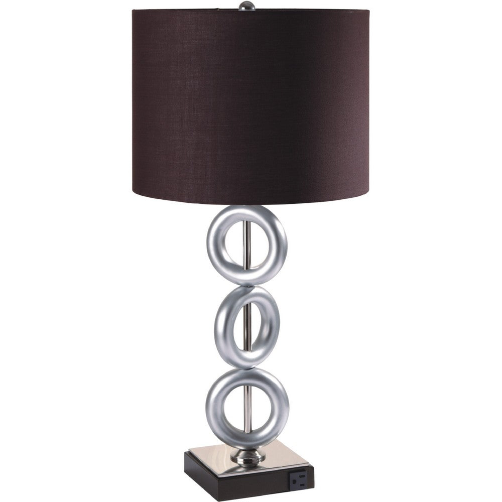 Benjara Table Lamp Set of 2, Brown Fabric Shades, 3 Ring Design, Silver Metal