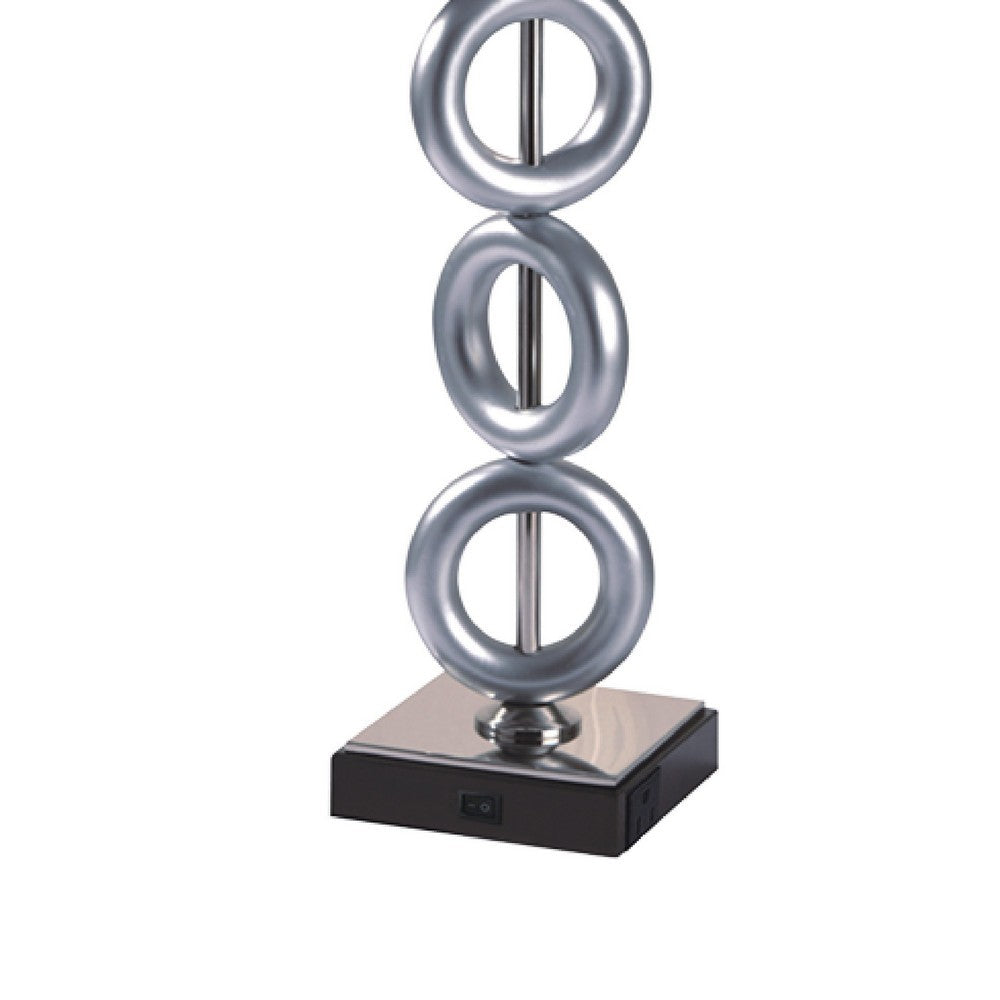 Benjara Table Lamp Set of 2, Brown Fabric Shades, 3 Ring Design, Silver Metal