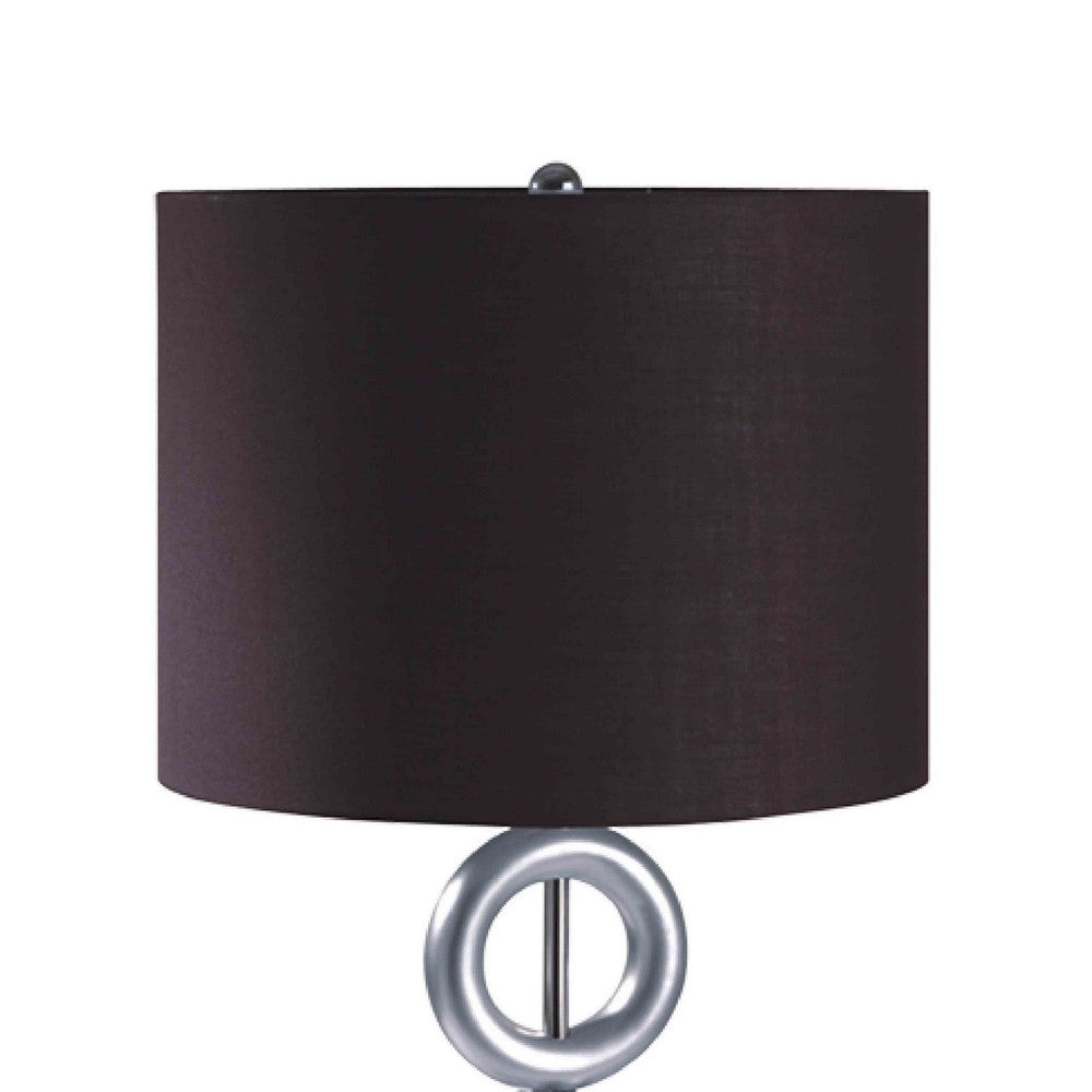 Benjara Table Lamp Set of 2, Brown Fabric Shades, 3 Ring Design, Silver Metal