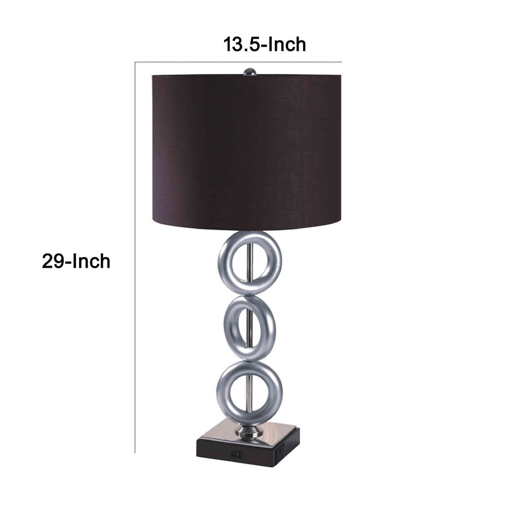 Benjara Table Lamp Set of 2, Brown Fabric Shades, 3 Ring Design, Silver Metal