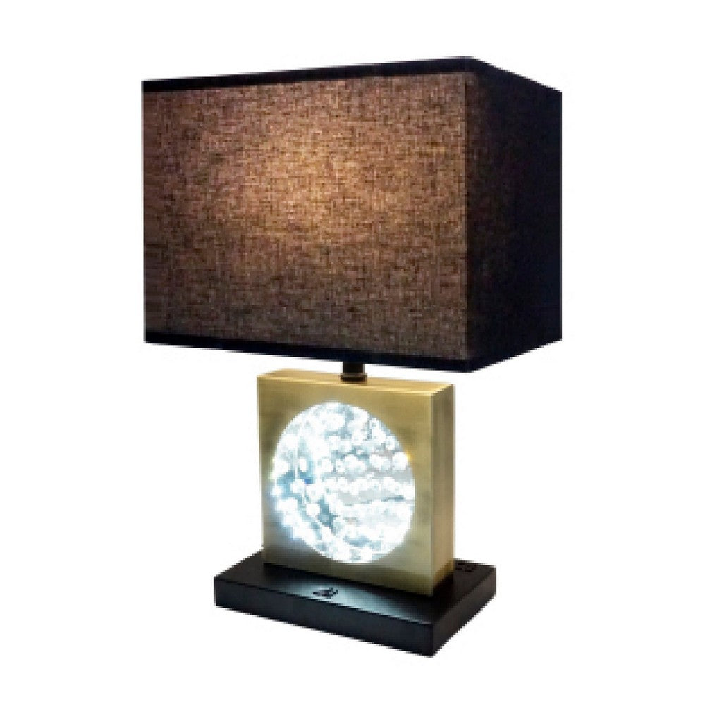 Benjara Table Lamp with Night Light, USB, Gold n Black Base with Crystal Accent