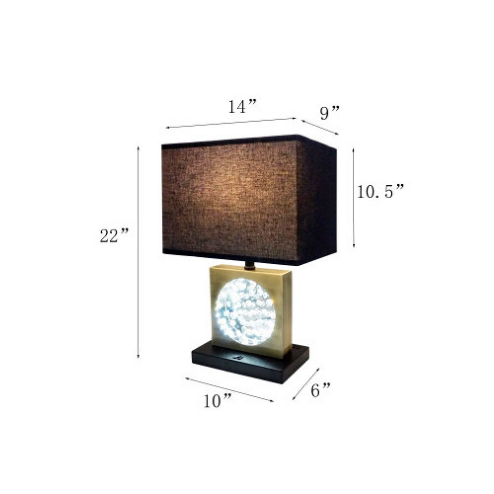Benjara Table Lamp with Night Light, USB, Gold n Black Base with Crystal Accent