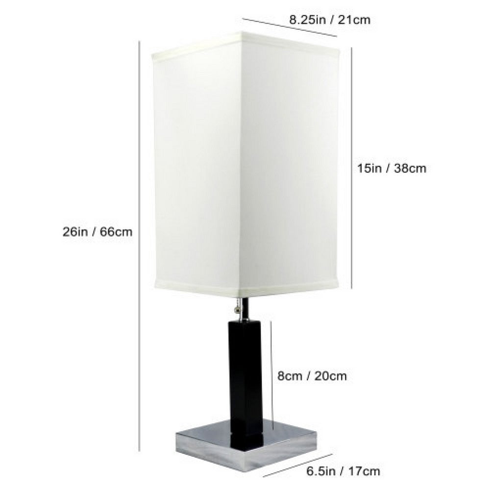 Benjara Table Lamp, White Fabric Shade, Square Brown Body, Chrome Metal Base
