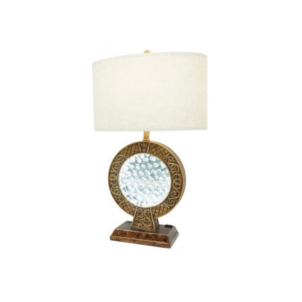 Benjara Table Lamp, Floating Crystal Core, White Shade, 28 Inch Antique Brown