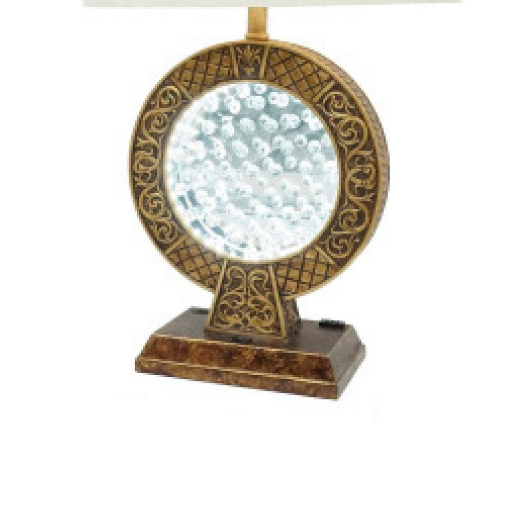 Benjara Table Lamp, Floating Crystal Core, White Shade, 28 Inch Antique Brown
