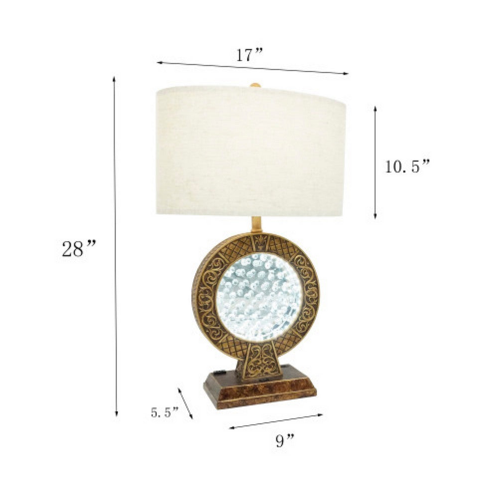 Benjara Table Lamp, Floating Crystal Core, White Shade, 28 Inch Antique Brown