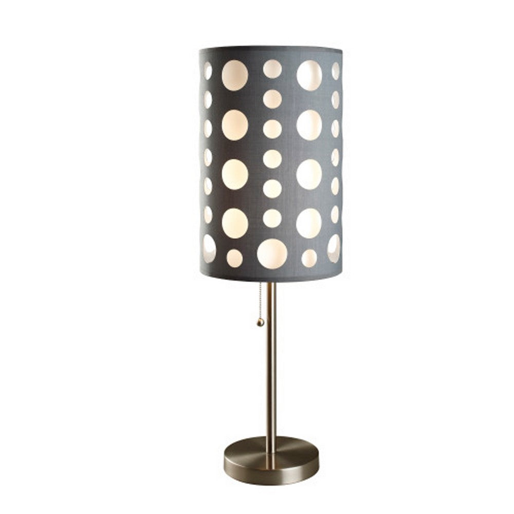 Benjara Table Lamp, Gray And White Dual Fabric Shade, Retro Cut Out Rings, 30 Inch