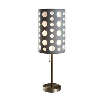 Benjara Table Lamp, Gray And White Dual Fabric Shade, Retro Cut Out Rings, 30 Inch