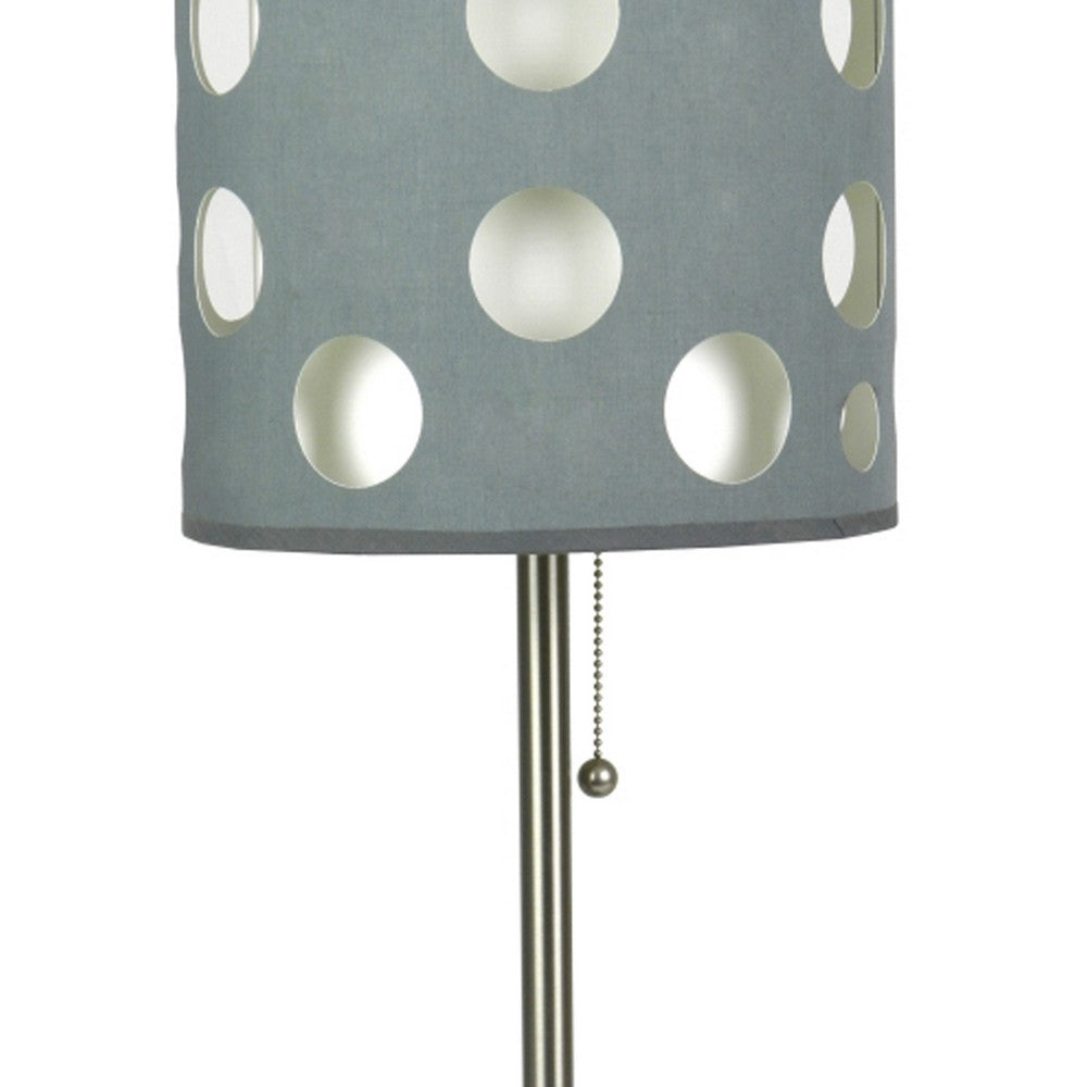 Benjara Table Lamp, Gray And White Dual Fabric Shade, Retro Cut Out Rings, 30 Inch