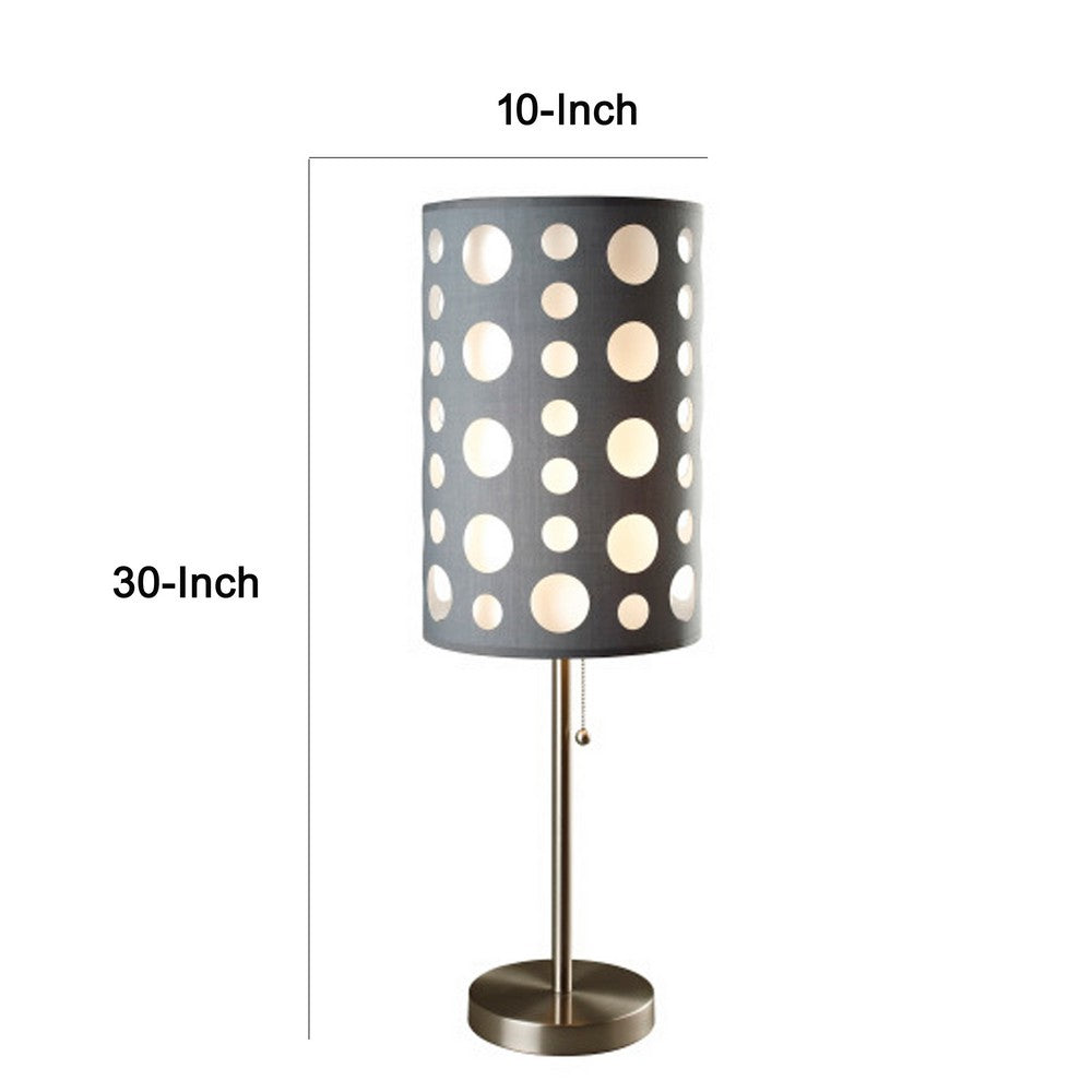 Benjara Table Lamp, Gray And White Dual Fabric Shade, Retro Cut Out Rings, 30 Inch
