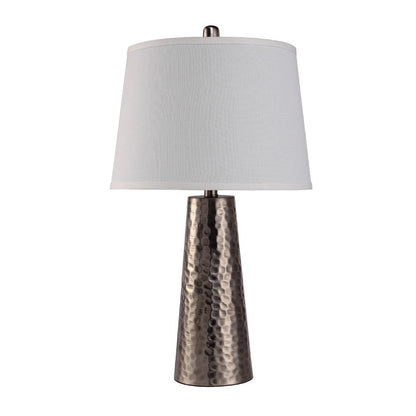 Benjara Accent Table Lamp, White Shade, Brushed Nickel Hammered Base, 26 Inch