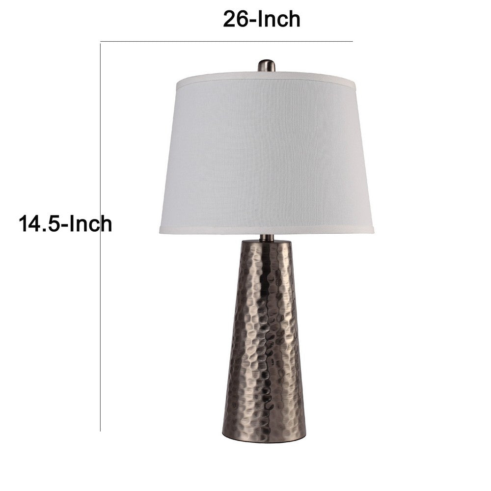 Benjara Accent Table Lamp, White Shade, Brushed Nickel Hammered Base, 26 Inch