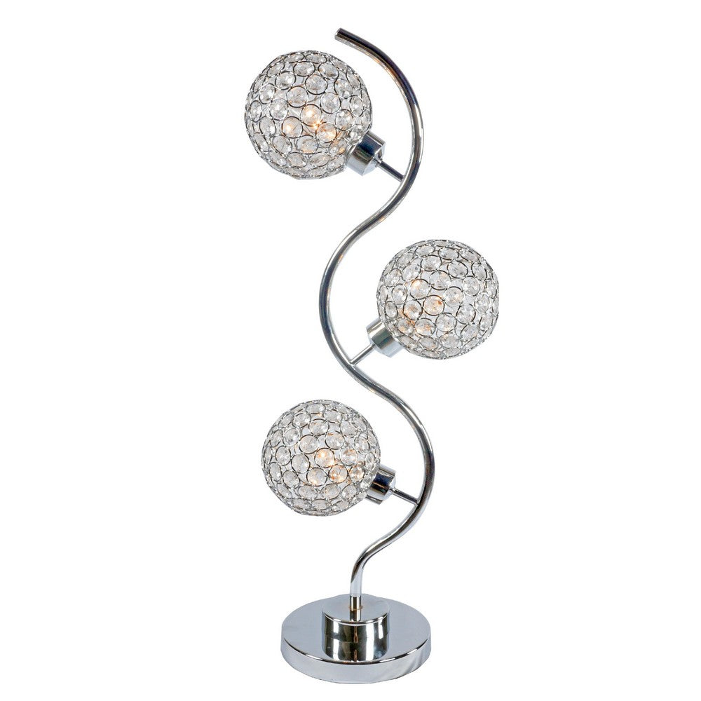 Benjara Crystal Globe Table Lamp with Triple Light, Chrome Finish, 32 Inch